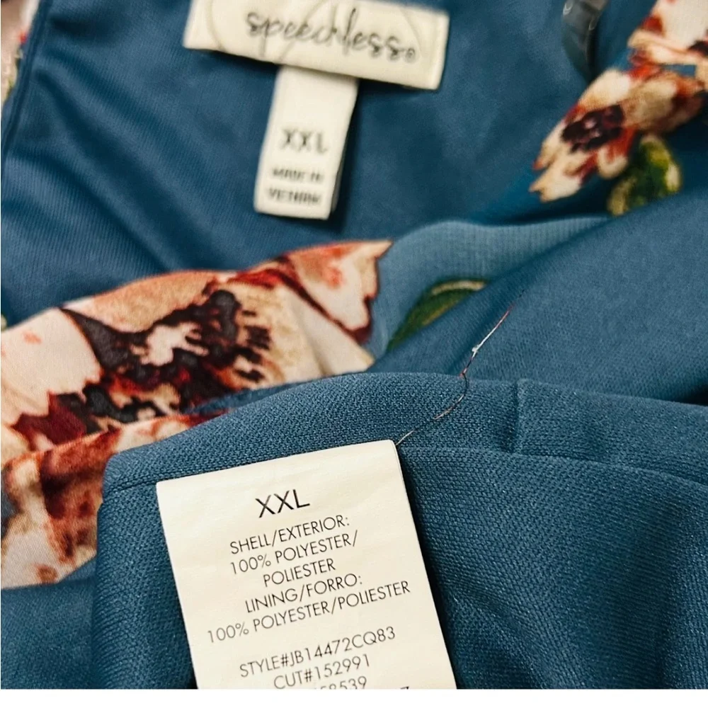 SPEECHLESS Teal Floral 3/4 Sleeve Dress XXL, Tiered Skirt V Neck Tie Waist